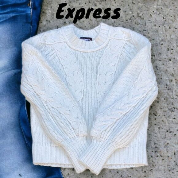 EXPRESS WOMENS CREW NECK CHUNKY THICK SWEATER OVERSIZED XS SOFT COZY CREAM - Picture 1 of 7